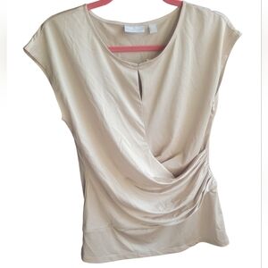New York & Company Cap Sleeve Draped Front Top in Light Beige